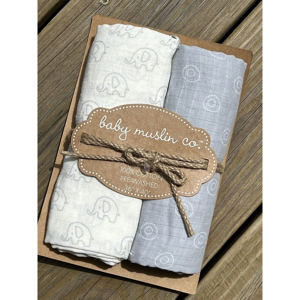 New Baby Muslin Co 2Pk Creme Ivory Gray Elephant Cotton Muslin Swaddle Blankets